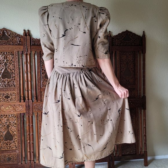 Vintage 80s Neutral Paint Splatter Shoulder Pad Skirt Set Suit Separates - Picture 2 of 16